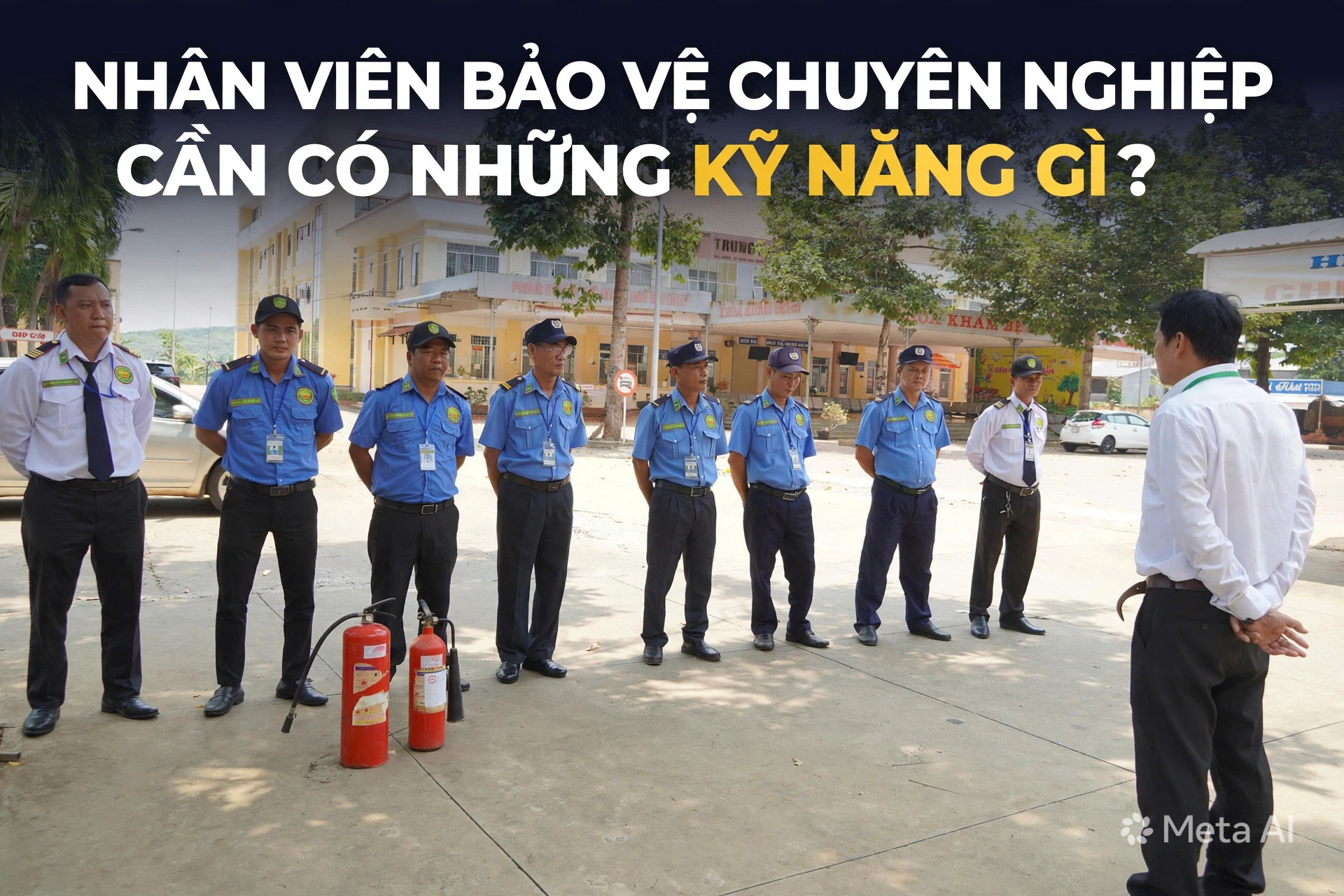 Tạo ảnh bìa cho bài viết, lấy hình này làm chủ thể, caption chính:"Nhân Viên Bảo Vệ Chuyên Nghiệp Cần Có Những Kỹ Năng Gì?"